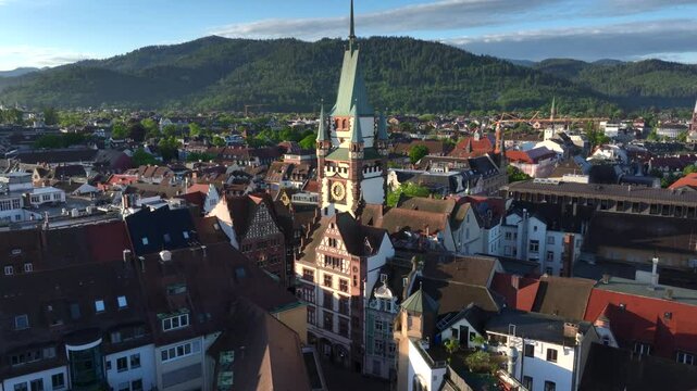 Freiburg im Breisgau, Germany at Sunrise. Aerial Drone Shot on Freiburger Dom Cathedral. 4k Drohne Footage