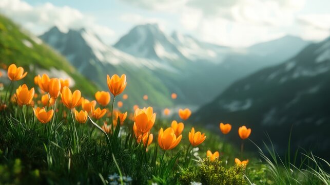Orange tulips blooming in a mountain meadow, sunlit, scenic view.