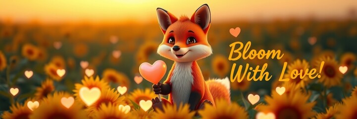 Obraz premium Blooming fox holding a heart-shaped balloon amidst a sunflower field at sunset, radiating love and happiness