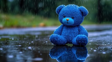 Lonely blue teddy bear sitting in the rain. (1)