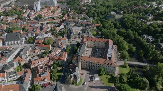 Aerial Drone shot of Weimar old town cultural city in Thuringia, Germany. Summer Day. 