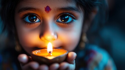 A child holding a lit diya radiates joy and innocence, symbolizing cultural celebration and warmth, as she captures the essence of tradition and emotion in a festive ambiance.