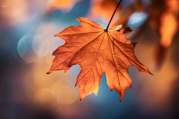In autumn leaf patterns shine with orange brilliance, framed by a soft bokeh background.