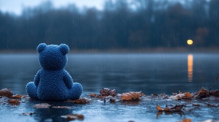 Lonely teddy bear sits by lake in rain.