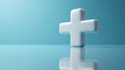 Fototapeta premium 3D white plus sign on a blue reflective surface