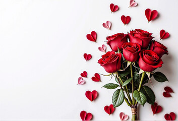 A bouquet of red roses with hearts on a white background