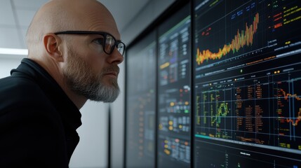 Fototapeta premium A focused risk manager examines complex data on sleek digital screens in a modern office, representing analysis and strategic decision-making.