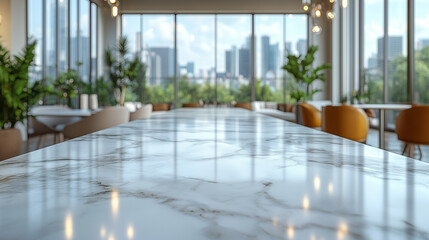 Fototapeta premium Marble table in modern cafe with city view