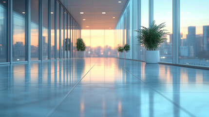 Modern hallway with potted plants at sunset