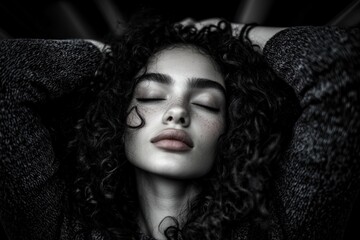 An artistic portrait of a young woman with curly hair and closed eyes, styled dramatically with...