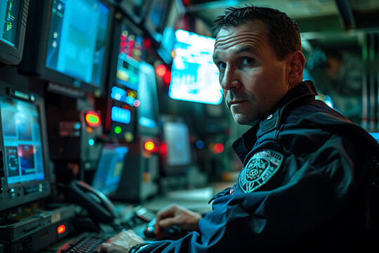 correctional officer, a focused jailer in a control room with advanced surveillance gear, exuding professionalism and preparedness in managing the correctional setting