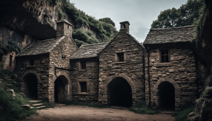 Fototapeta premium Historic stone cottages nestled in a rugged landscape evoke a sense of timelessness and mystery