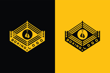 Logo for a boxing with two gloves and ring on different background.