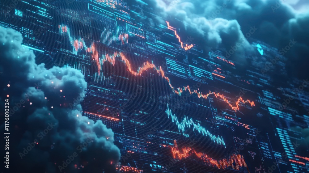 Poster dynamic financial data visualization with colorful graphs and patterns against a dark cloudy backgro