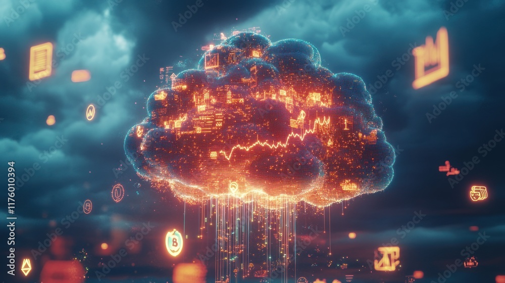 Poster futuristic cloud computing concept with digital icons and data streams representing technology, fina