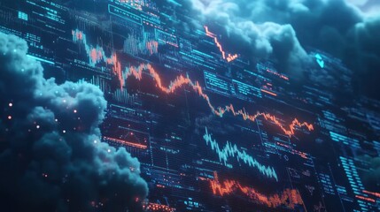 Dynamic Financial Data Visualization with Colorful Graphs and Patterns Against a Dark Cloudy Background Displaying Stock Market Trends and Analytics