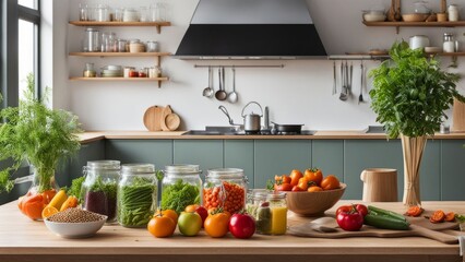 Bountiful display of vibrant vegetables on kitchen countertop. Fresh herbs, tomatoes, and lemons inspire healthy cooking. Perfect for food photography, wellness promotions, and recipe sharing.