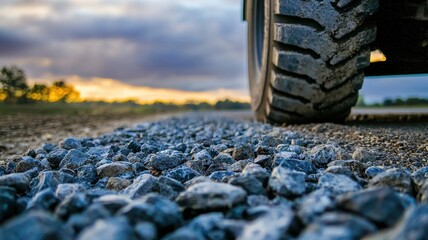 Cargo Route Concept. Close-up of a tire on gravel road with dramatic sky in the background.