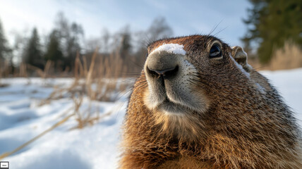 Groundhog Themed, Close up of groundhog face in snowy landscape, showcasing its features