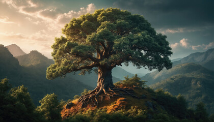 Fototapeta premium Majestic tree stands tall on a hilltop surrounded by mountains during sunset lighting the sky with dramatic colors