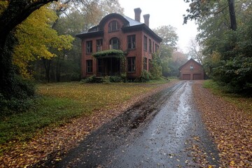 Obraz premium A weathered two-story house stands abandoned amid a desolate, overgrown autumn landscape