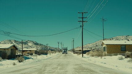 Cargo Route Concept. Snow-covered road leads to a small town, surrounded by mountains under a clear blue sky.