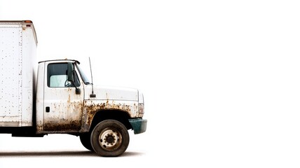 Cargo Route Concept. White delivery truck with dirt and grime on the side, parked against a plain background.