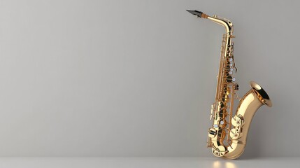 Gold alto saxophone on grey background.