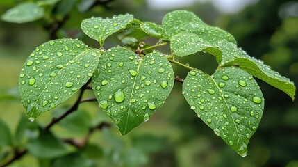 Close-up of green leaves with water droplets, showcasing nature's beauty after rain.