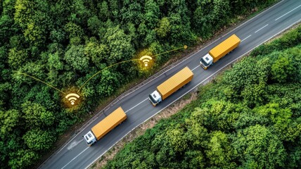 Cargo Route Concept. Trucks transport goods through a lush green forest, showcasing connectivity technology.
