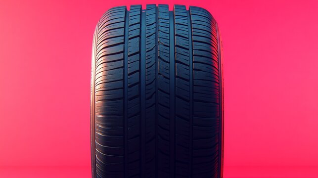A close-up of a car tire against a vibrant pink background.