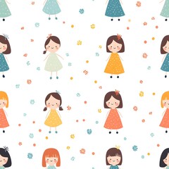 Seamless pattern featuring cartoon girls in colorful dresses with floral elements and pastel dots, perfect for children’s textiles, wallpapers, and stationery designs