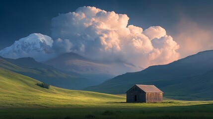 A barn stands centrally in a grassy field, with mountains visible in the distance