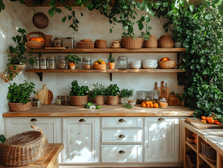 Rustic kitchen with wooden shelves, potted herbs, and wicker baskets overflowing with fresh produce, under a leafy vine-covered wall.