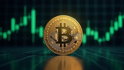 Bitcoin symbol with financial market trends on dark background