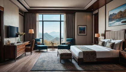 Modern hotel room with stunning mountain view and stylish furnishings in an upscale location