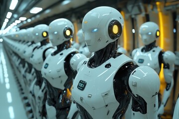 Fototapeta premium Humanoid robots stand in formation ready for deployment in a futuristic manufacturing facility