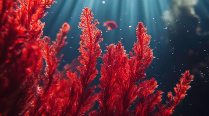 Close-up of vibrant red algae with delicate fronds swaying gently in the underwater current, showcasing the beauty and fragility of marine life.