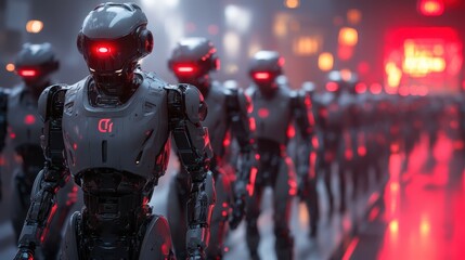 Naklejka premium Robots march through a futuristic cityscape with glowing red eyes and high tech features