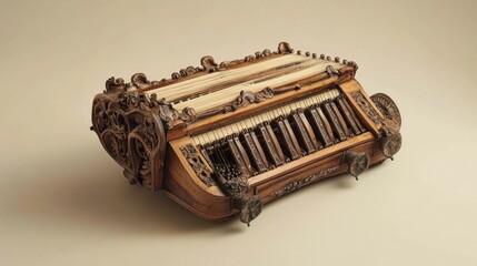Intricate antique wooden musical instrument with ornate carvings and ivory keys.