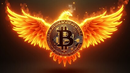 Bitcoin phoenix rising with fiery wings digital artwork