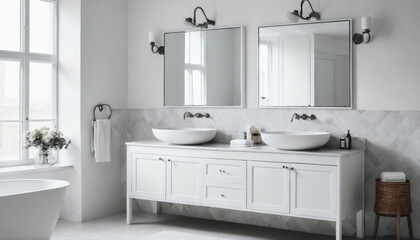 Elegant bathroom with double sinks, modern design, and natural light filling the space in a serene atmosphere