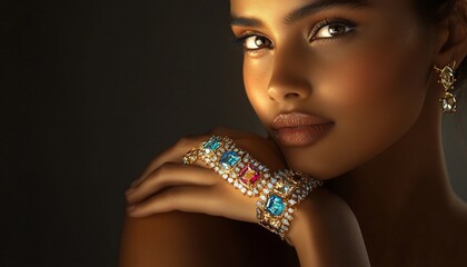 A close-up portrait of a woman showcasing elegant jewelry.