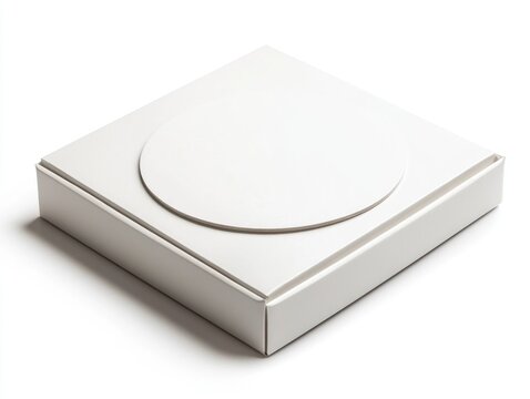 Blank white square pizza box with circular insert, isolated on white background.