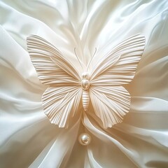 A delicate white butterfly with pearl accents on its body, resting on luxurious, flowing white fabric with an elegant texture
