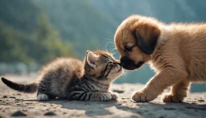 Fototapeta premium Cute kitten and puppy playing together in a sunny outdoor setting during the afternoon