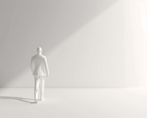 Obraz premium Minimalist Illustration of a Lone Figure Walking in a Bright White Space, Evoking Solitude and Contemplation