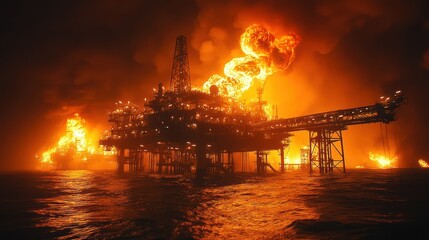 Obraz premium Flames illuminate the night sky above an oil rig in the ocean during a dramatic fire event