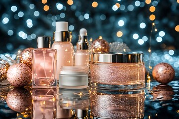 A collection of elegant skincare products with festive decorations in the background.