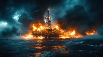 Fototapeta premium Flames illuminate oil rig at night over turbulent ocean waters